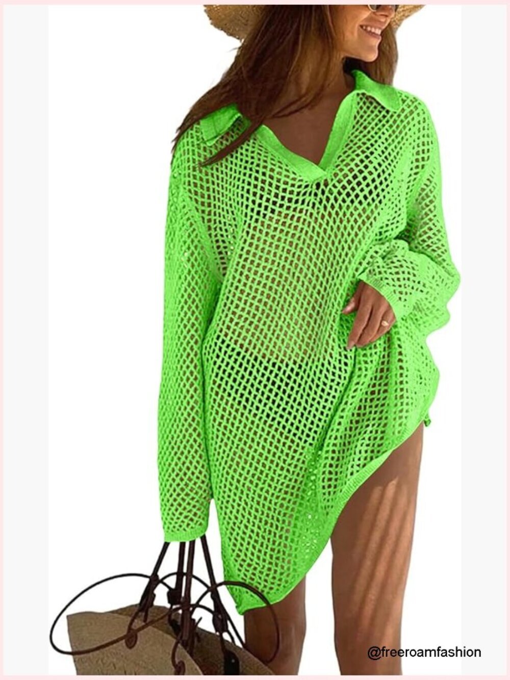 Crochet Cover Up Long Sleeve Sheer Beach Dress Vacation Outfit